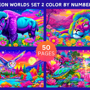 Peut inclure: Ensemble d'illustrations vives intitul&eacute; "Neon Worlds Set 2 Color by Numbers". L'&oelig;uvre pr&eacute;sente un bison violet, un lion, un hibou et une tortue, tous dans un style n&eacute;on color&eacute;. L'ensemble comprend 50 pages &agrave; colorier.