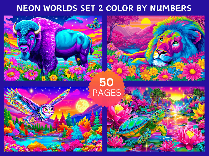 Peut inclure: Ensemble d'illustrations vives intitul&eacute; "Neon Worlds Set 2 Color by Numbers". L'&oelig;uvre pr&eacute;sente un bison violet, un lion, un hibou et une tortue, tous dans un style n&eacute;on color&eacute;. L'ensemble comprend 50 pages &agrave; colorier.