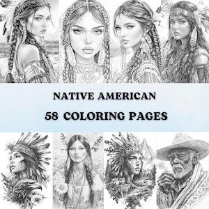 58 pages à colorier en niveaux de gris, femmes et hommes amérindiens | Livre de coloriage imprimable en téléchargement numérique | Portraits amérindiens pour adultes
