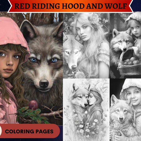 25 Red Riding Hood and Wolf Coloring Pages | Printable Adult Coloring Pages | Download Grayscale Illustration