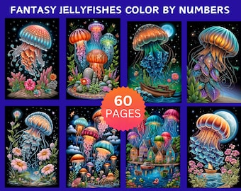 60 Fantasy Jellyfishes Color by Number Pages, Digital Coloring Pages, Paint by Numbers Bundle, Procreate Coloring Book, Adults Coloring