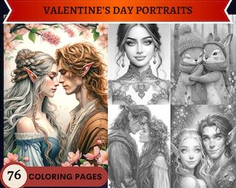 76 Valentine's Day Portraits Grayscale Coloring Pages | People Fantasy Animals Nature | Printable Adult Kids Coloring Pages | Printable PDF