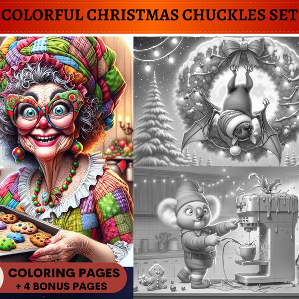 47 Colorful Christmas Chuckles Set 1 Grayscale Coloring Pages | Funny Hillarious Animals People Toddlers | Printable Adult Coloring Pages