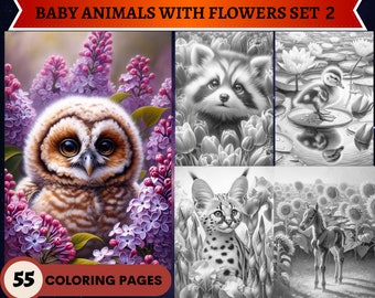 55 Baby Animals with Flowers Set 2 Grayscale Coloring Pages | Printable Adult Kids Coloring Pages | Download Grayscale | Cute Animals