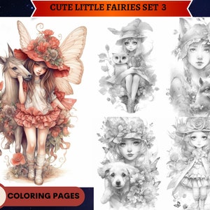 30 Cute Little Fairies Set 3 Coloring Pages , Fairies with animals, Fairy Coloring Page, Grayscale Coloring Page, Printable PDF