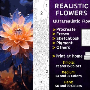 Color by Number, Digital Coloring Pages, Paint by Numbers, Procreate Coloring Book, Adults Coloring , Ultrarealistic Flower 3