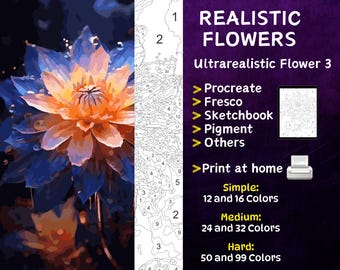Color by Number, Digital Coloring Pages, Paint by Numbers, Procreate Coloring Book, Adults Coloring , Ultrarealistic Flower 3