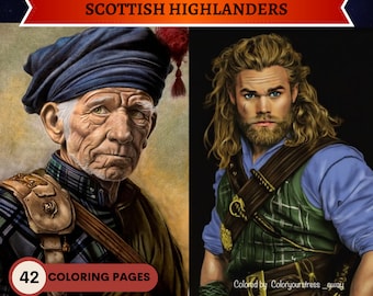 42 Highlanders escoceses / Hombres irlandeses /Páginas para colorear en escala de grises/Páginas para colorear para adultos imprimibles / Descargar ilustración en escala de grises/PDF imprimible
