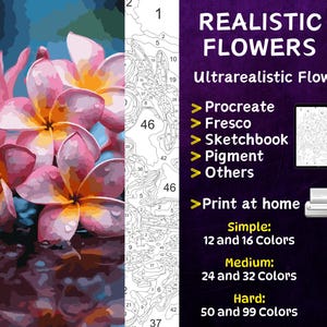 Color by Number, Digital Coloring Pages, Paint by Numbers, Procreate Coloring Book, Adults Coloring , Ultrarealistic Flower 1