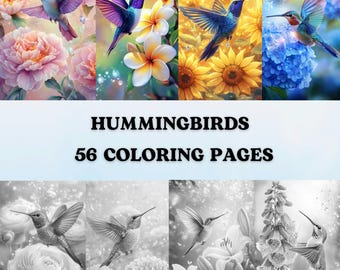 May include: 56 coloring pages featuring hummingbirds in various poses and floral settings. The pages are black and white, ready to be colored.