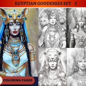 32 Egyptian Goddesses Set 1 Coloring Pages | Printable Adult Coloring Pages | Download Grayscale PDF