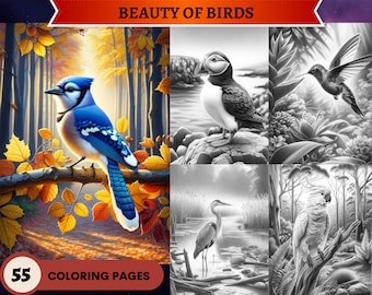 55 Beauty of Birds Grayscale Coloring Pages | Printable Adult Coloring Pages | Download Grayscale | Animals coloring | Instant PDF Download