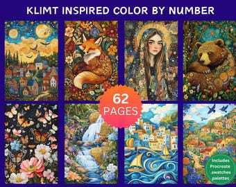 May include: A collection of eight Klimt-inspired color-by-number pages. The images feature various scenes, including a sleeping fox, a woman with a halo, and a bear. The text reads "62 PAGES" and "Includes Procreate .swatches palettes".