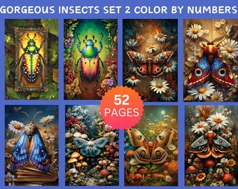 52 Gorgeous Insects Set 2 Color by Number Pages, Digital Coloring Pages, Paint by Numbers Bundle, Procreate Adults Coloring Book, Flowers