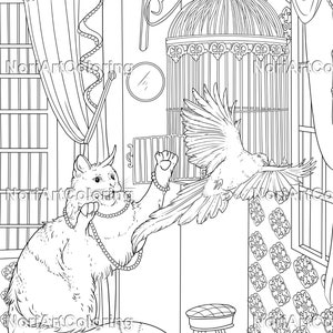 Puede incluir: Un dibujo en blanco y negro de un gato con un collar de perlas y un p&aacute;jaro volando fuera de una jaula. El gato est&aacute; sentado en un taburete y el p&aacute;jaro est&aacute; volando hacia el gato.