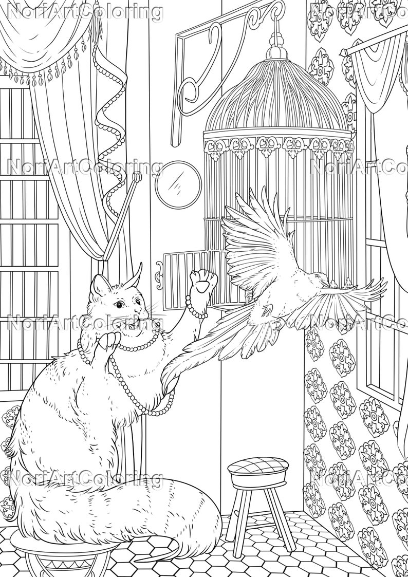 Puede incluir: Un dibujo en blanco y negro de un gato con un collar de perlas y un p&aacute;jaro volando fuera de una jaula. El gato est&aacute; sentado en un taburete y el p&aacute;jaro est&aacute; volando hacia el gato.