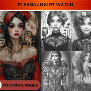 50 Eternal Night Watch Coloring Pages Printable Adult Kids Coloring Pages Download Grayscale Gothic Vampire Women Children Girls image 1