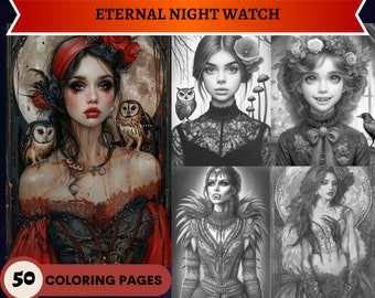 50 Páginas para colorear de Eternal Night Watch / Páginas para colorear para niños adultos imprimibles / Descargar escala de grises / Vampiro gótico Mujeres Niños Niñas