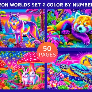Peut inclure: Ensemble d'illustrations vives intitul&eacute; "Neon Worlds Set 2 Color by Numbers". L'&oelig;uvre pr&eacute;sente quatre sc&egrave;nes color&eacute;es avec un loup, un panda roux, des lapins et des tortues. L'image comprend le texte "50 PAGES."