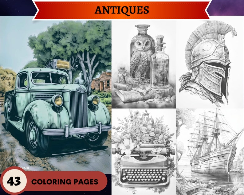 43 Antiques Grayscale Coloring Pages Set | Trucks Ships Typewriter ...