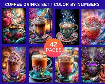 May include: A digital art print titled "Coffee Drinks Set 1 Color By Numbers." The image features eight colorful illustrations of coffee drinks in decorative cups, with steam rising. The image includes the text "42 PAGES."