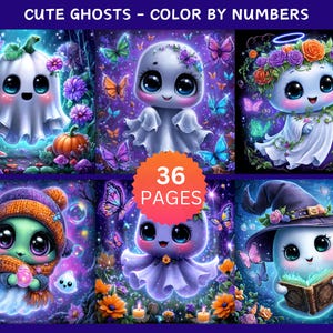 May include: Digital artwork showing cute ghost characters with large eyes, surrounded by butterflies and flowers. The image includes the text "CUTE GHOSTS - COLOR BY NUMBERS" and "36 PAGES". The artwork has a whimsical, fantasy theme.