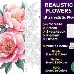 Color by Number, Digital Coloring Pages, Paint by Numbers, Procreate Coloring Book, Adults Coloring , Ultrarealistic Flower 6