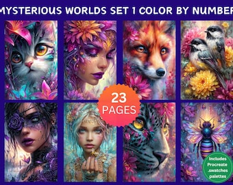 23 Mundos Misteriosos Set 1 Páginas para colorear por números, Páginas para colorear digitales, Paquete de pintura por números, Libro para colorear para adultos de Procreate, Animales