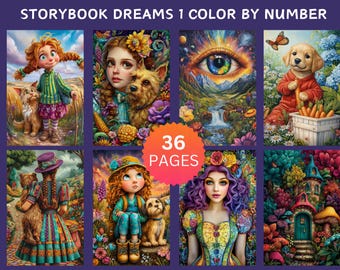 36 Sueños de cuento 1 Páginas para colorear por números, Páginas para colorear digitales, Paquete de pintura por números, Libro para colorear para adultos de Procreate, Alicia de fantasía