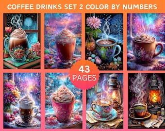 May include: A digital art print featuring eight colorful illustrations of coffee drinks. Each image showcases a different coffee beverage, with whipped cream and steam, in decorative mugs. The text "COFFEE DRINKS SET 2 COLOR BY NUMBERS" is at the top, and "43 PAGES" is in the center.