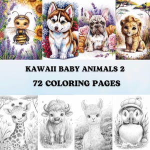 72 Kawaii Baby Animals 2 Grayscale Coloring Pages | Cute animals with flowers | Cats Dogs Giraffe Wildlife Coloring | Digital Printable Book