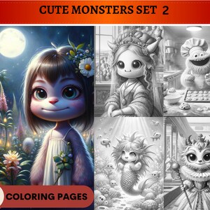50 Cute Monsters Set 2 Grayscale Coloring Pages | Printable Adult Coloring Pages | Download Grayscale Illustration