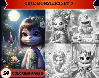 50 Cute Monsters Set 2 Grayscale Coloring Pages | Printable Adult Coloring Pages | Download Grayscale Illustration