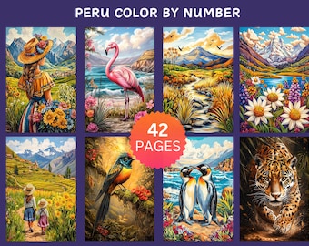 42 Peru Color by Number Pages, Digital Coloring Pages, Paint by Numbers Bundle, Procreate Adults Coloring Book, Landscapes CBN