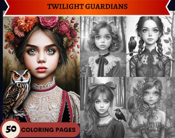 50 Twilight Guardians Grayscale Coloring Pages | Printable Adult Kids Coloring Pages | Download Grayscale | Gothic Girls Children Women