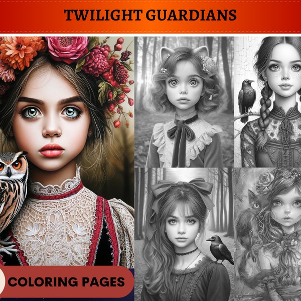 50 Twilight Guardians Grayscale Coloring Pages | Printable Adult Kids Coloring Pages | Download Grayscale | Gothic Girls Children Women