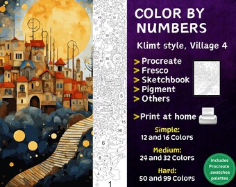 Colora con i numeri, Pagine da colorare digitali, Dipingi con i numeri, Libro da colorare Procreate, Libro da colorare per adulti, Villaggio Klimt 4 da colorare con i numeri