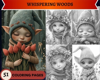 51 Whispering Woods: Elves and Enchanted Beings Coloring Pages | Printable Adult Coloring Pages | Download Grayscale Illustration