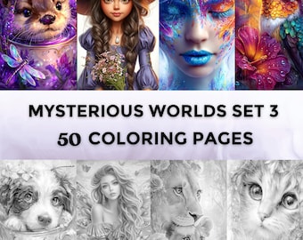 50 Mysterious Worlds Set 3 Grayscale Coloring Pages | Printable Animal Pets Pages | Download Grayscale | Painting Coloring | Women Portraits