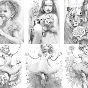 11 Mix Set | Girls with Animals | Ballerinas | Girl with dandelion | Printable Adult Coloring Pages | Download Grayscale Illustration