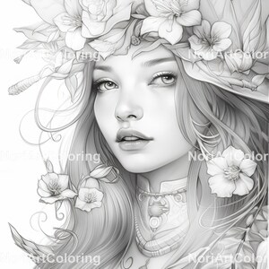 May include: A black and white line drawing of a woman with long hair and a floral crown. The woman's face is detailed, and she is looking to the right. The flowers in the crown are intricate and detailed.