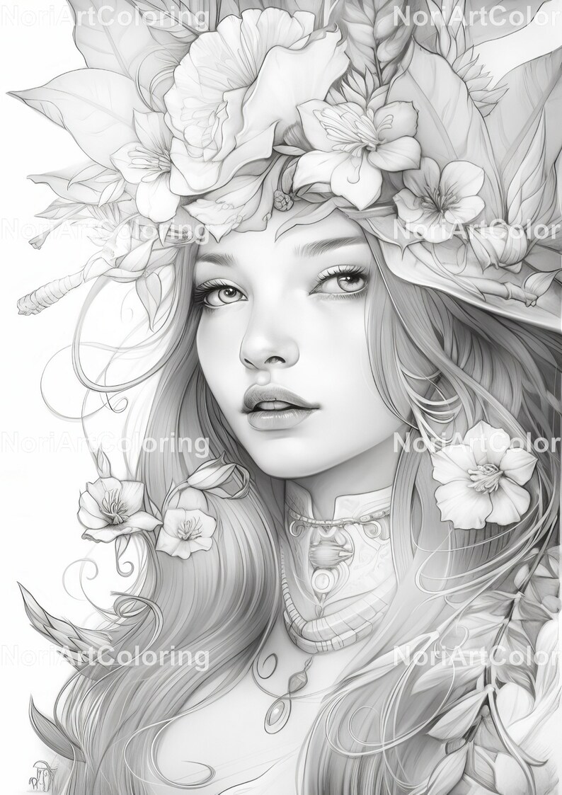May include: A black and white line drawing of a woman with long hair and a floral crown. The woman's face is detailed, and she is looking to the right. The flowers in the crown are intricate and detailed.