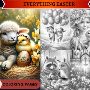 Könnte beinhalten: Eine Sammlung von 50 Malvorlagen mit Ostern-Motiven. Die Bilder zeigen ein Lamm und ein Küken mit einem Osterei, ein Mädchen, das ein Kaninchen hält, zwei Kätzchen, die Ballons halten, einen Waschbären und einen Fuchs, die Ostereier bemalen, und ein Buntglasfenster mit einem Kreuz.