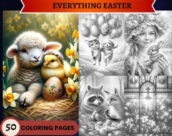 50 Todo Pascua Páginas para colorear en escala de grises / Páginas para colorear para adultos imprimibles / Descargar escala de grises / Lindos animales dulces para niños