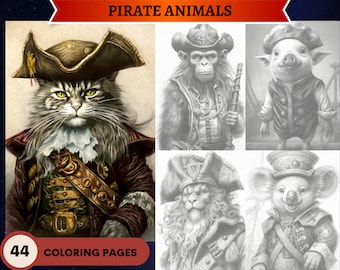 44 Páginas para colorear de animales piratas en escala de grises /Animales lindos/ Páginas para colorear imprimibles para adultos y niños / Descargar ilustración en escala de grises