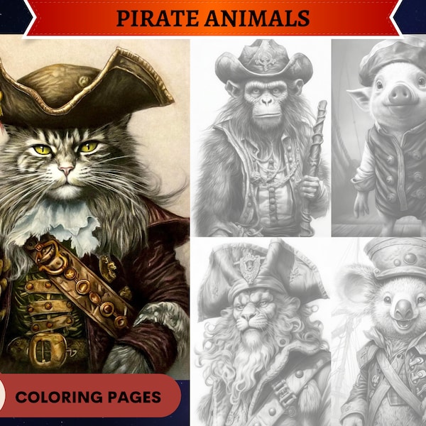 44 Pirate Animals Grayscale Coloring Pages |Cute Animals| Printable Adult  and Kids Coloring Pages | Download Grayscale Illustration