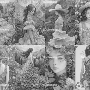 75 maravillosos vestidos de la naturaleza Páginas para colorear en escala de grises / Páginas para colorear para adultos imprimibles / Descargar ilustración en escala de grises imagen 9