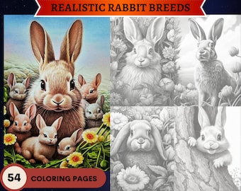 54 Razas de Conejos Realistas / Especies Páginas para colorear en escala de grises / Páginas para colorear imprimibles para adultos y niños / Descargar ilustración en escala de grises