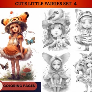 32 Cute Little Fairies Set 4 Coloring Pages (with tiger, birds, horses) | Printable Adult Coloring Pages | Download Grayscale Illustration|
