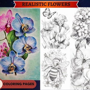43 Realistic Flowers Coloring Pages | Printable Adult Coloring Pages | Download Grayscale Illustration